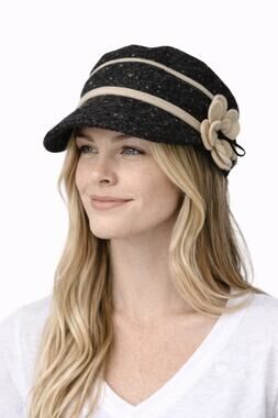Scala Pronto Tweed Newsboy Cap Black Cream Flower Accent Womens Hat OS